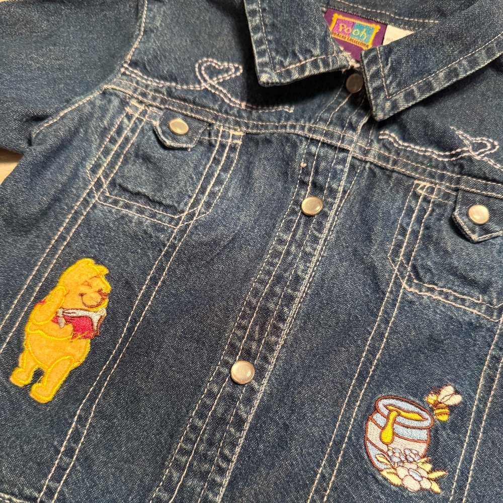 VTG Winnie Pooh 100 Acre Baby Jean Denim Jacket Shirt Pearl Snap Hearts 24 Month